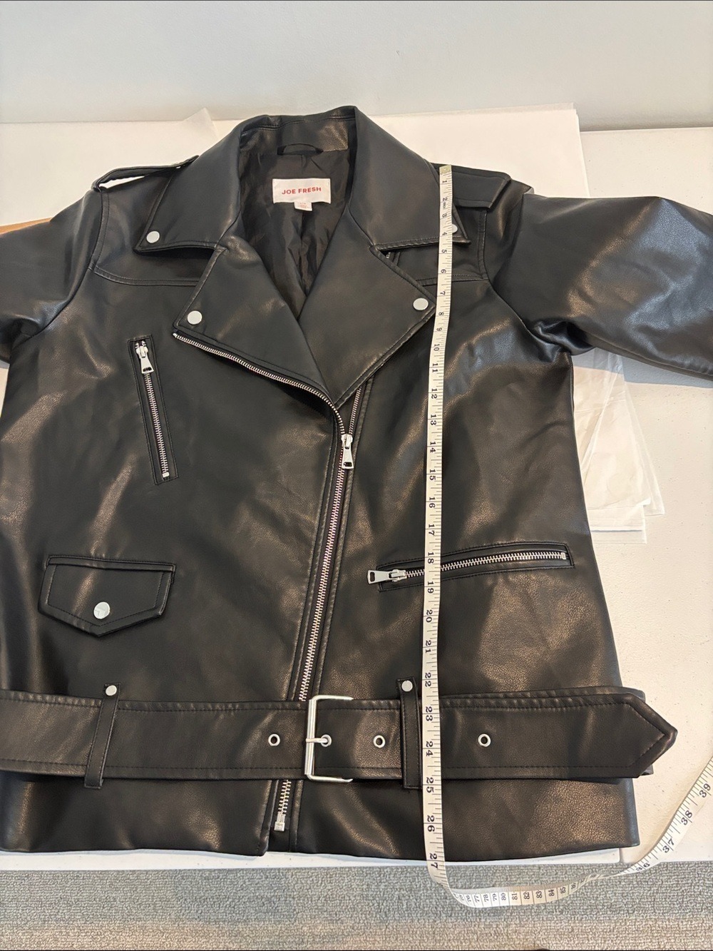 JOE FRESH Black Faux Leather Biker Jacket MOTO jacket with belt size large - Picture 10 of 11
